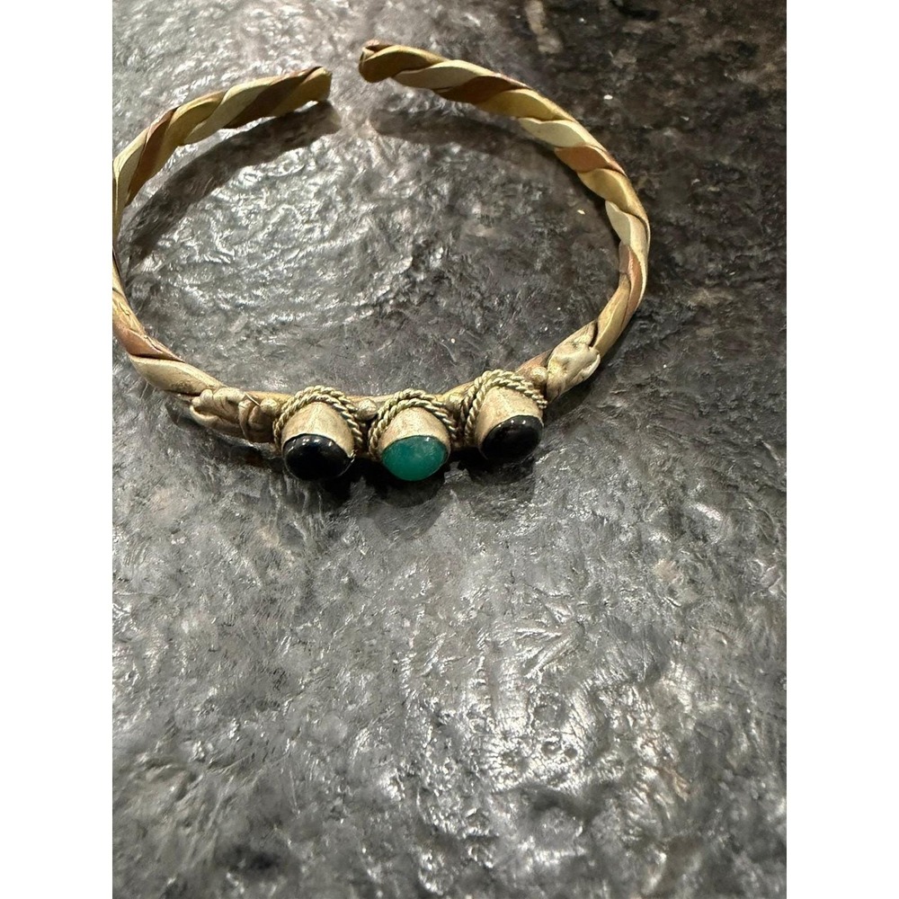 Vintage Tibetan Three-Tone Twisted Cuff Bracelet‎ Jade & Black Onyx Boho Unisex